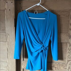Anne Klein Bright Blue Faux-Wrap Long Sleeve Blouse
